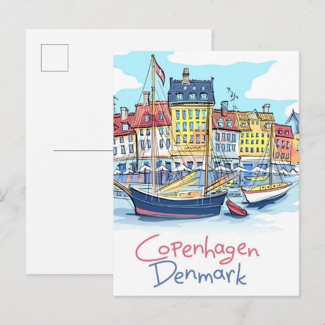 Nyhavn Köpenhamn Danmark Illustration Travel Vykort (Fram/baksida)