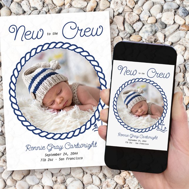 Nyhet till besättningen 2 Foto Blue Nautical Ancho Meddelande (Nautical baby birth announcement with 2 of your photos and "new to the crew wording")