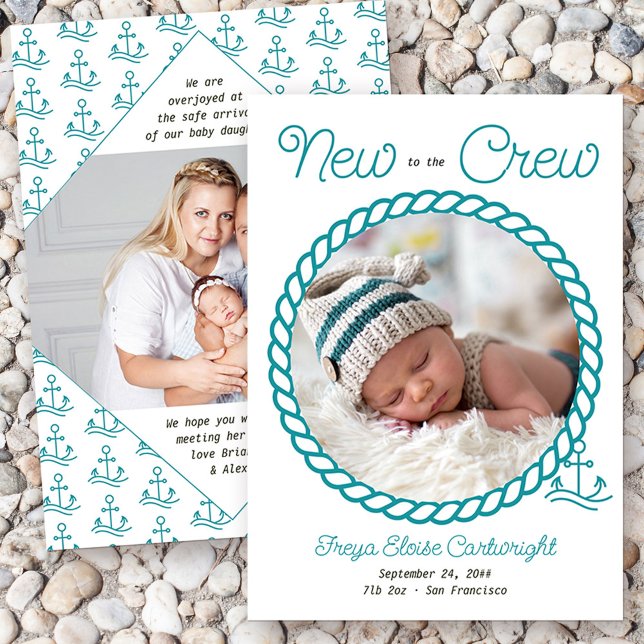 Nyhet till besättningens 2-foto-Teal Nautical Anch Meddelande (Nautical baby birth announcement with 2 of your photos and "new to the crew wording")
