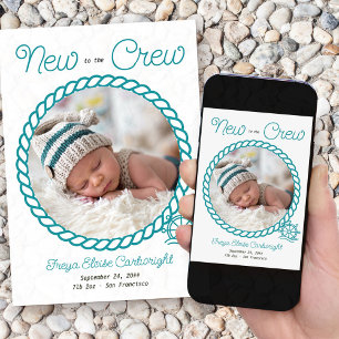 Nyhet till Crew 2 Photo Teal Nautical Wheel Birth Meddelande