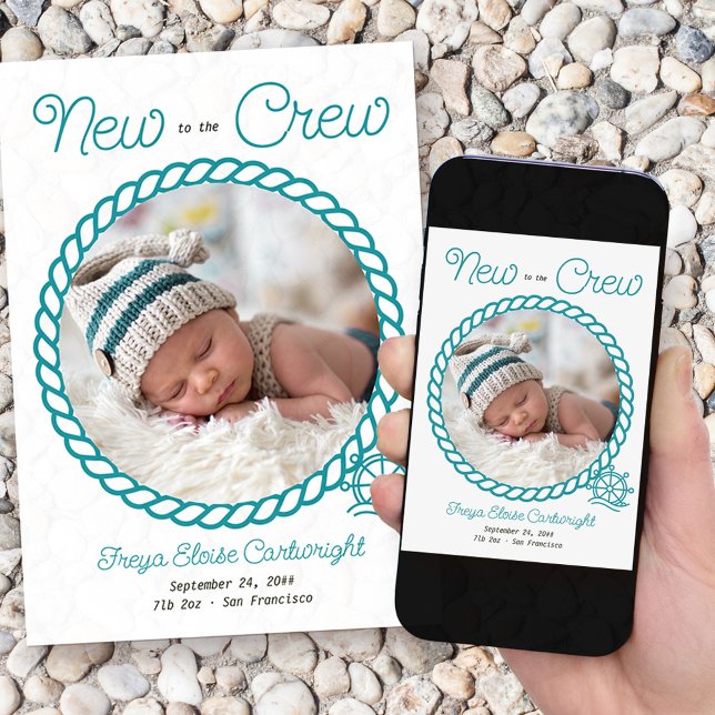 Nyhet till Crew 2 Photo Teal Nautical Wheel Birth Meddelande (Nautical baby birth announcement with 2 of your photos and "new to the crew wording")