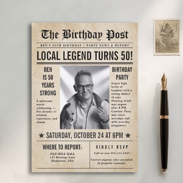 Nyheter Birthday News Funny Humous Manar 50:e Inbjudningar (50th birthday party for men invitation card photo template vintage newspaper news funny humorous)