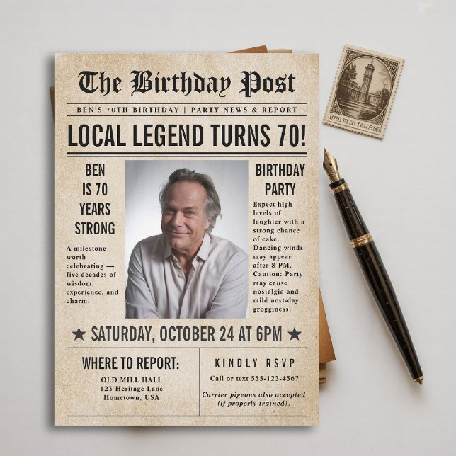 Nyheter Birthday News Funny Humous Manar 70:e Inbjudningar (70th birthday party for men invitation card photo template vintage newspaper news funny humorous)
