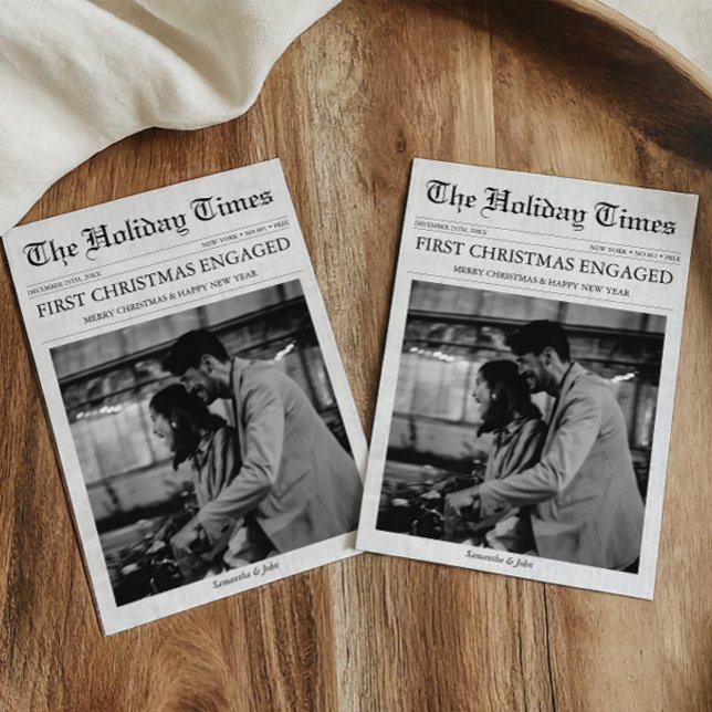 Nyheter - första julen - unikt (First Christmas Engaged Newspaper Holiday Card with Photo, Engagement Announcement )