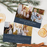Nyheter från Modern Chic Navy Blue Photo Collage Julkort<br><div class="desc">Det här moderna helgdag för nyheterna om perfektens snyggt Julhälsningar den här chicens marinblå fotokollage. Den här enkla boho-designen har klassisk, sofistikerad kalligrafi i rustik mörk, marin blått och vitt. Anpassa kortet med 5 foton (2 på framsidan och 3 på baksidan), din familj namn, första namn och året. Inkludera ett...</div>