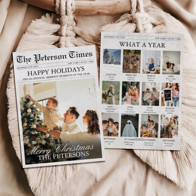 Nyheter i julklapp Vilken ettårsbild? Julkort (What a Year Christmas Card, Year in Review, Family Newsletter, Photo Family Holiday Card Newspaper)