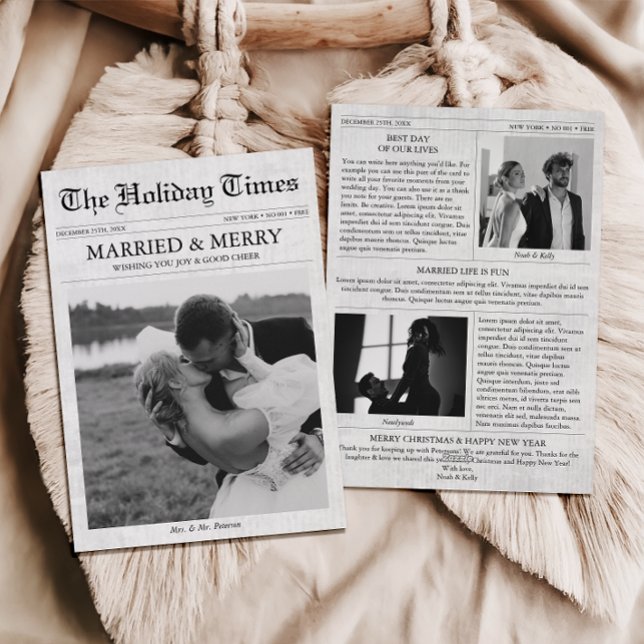 Nyheter - jul - Merry & Married 3 Photo Julkort (Married & Merry Newlywed Christmas Card, Our first Christmas Married Newspaper Holiday Card)