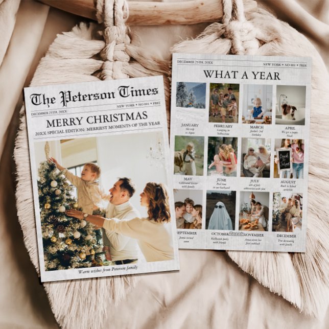 Nyheter Juli Nyhetsbrev - Året under granskning Julkort (Newspaper Christmas Card, What a Year, Year in Review, Family Newsletter, Photo Collage)