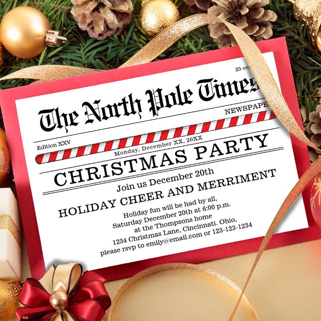Nyheter om Jul Party Red and White Inbjudningar (The North Pole Times Christmas party invitations. )