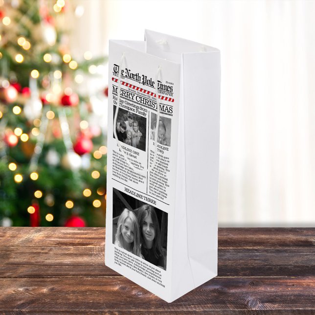 Nyheter om julfotopatypgrafi (Simple and fun photo newspaper wine gift bag.)