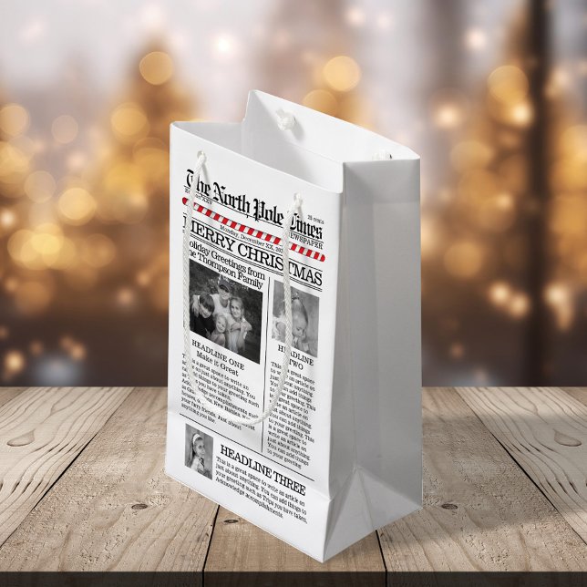 Nyheter om julfotopatypgrafi (Christmas cute typography photo gift bag with newspaper template. )