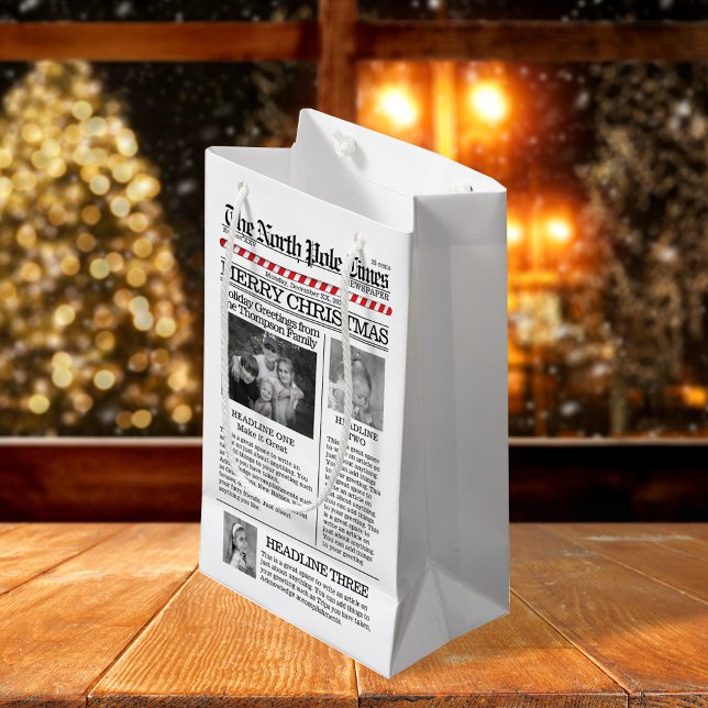 Nyheter om julklapp, foto, visemisk Roligt (Merry Christmas whimsical photo newspaper gift bag. )
