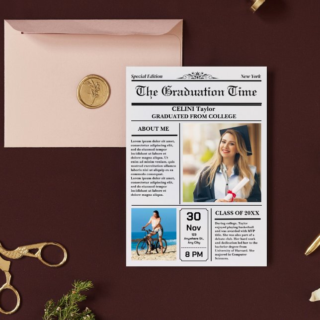 Nyheterna i Studenten! Printable Newspaper Keepsak Inbjudningar (The Graduation News! Printable Newspaper Keepsake Invitation)