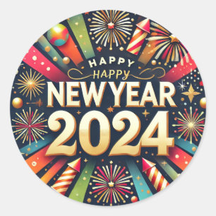 Nyhetsår 2024 i Stickers lycklig Runt Klistermärke