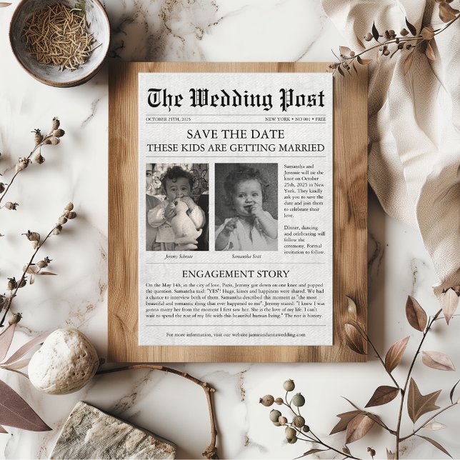 Nyhetsblad - praktiskt unika barn - spara datum Br Inbjudningar (Newspaper "these kids are getting married" funny retro unique quirky save the date)