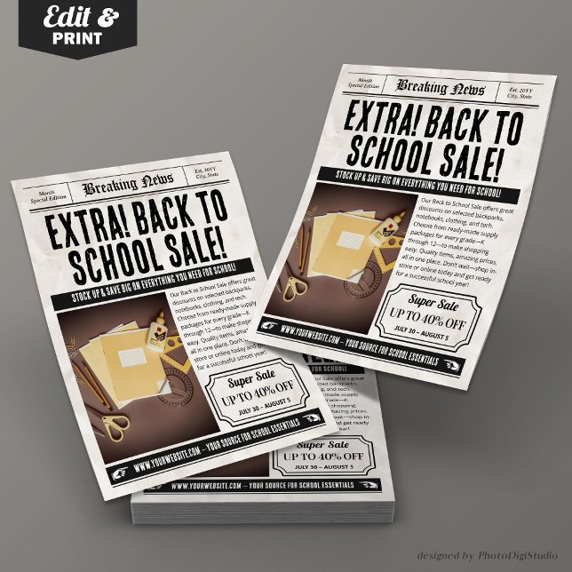 Nyhetsblad tillbaka till försäljningsflyg, detaljh reklamblad (Newspaper Back to Sale Flyer, Retro Custom Retail Flyer)
