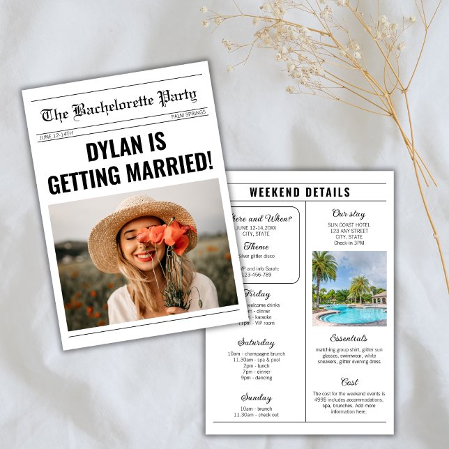 Nyhetsblad Unik Bachelorette Helg Itinerary Inbjudningar (newspaper bachelorette party invitation weekend itinerary)