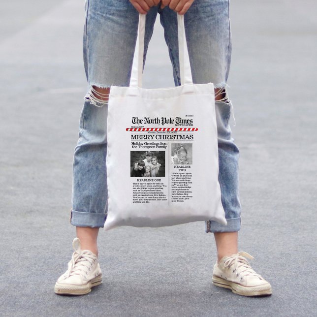 Nyhetsbladejett i North Pole Times Cute Tygkasse (Merry Christmas holiday newspaper print tote bag.)