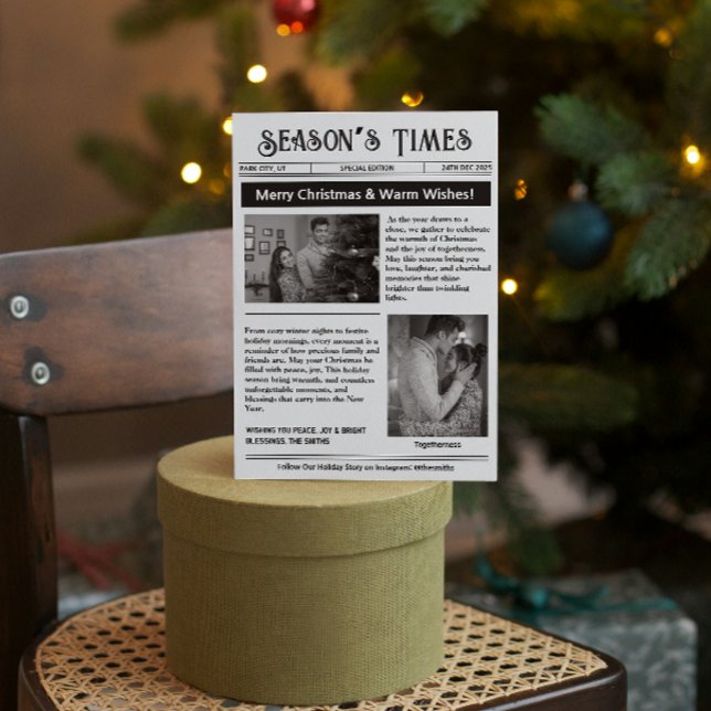 Nyhetsbrev Ark Flerfoton Jul Svart Vitt Julkort (newspaper black and white unique classic vintage simple modern photo collage multi photo pictures )