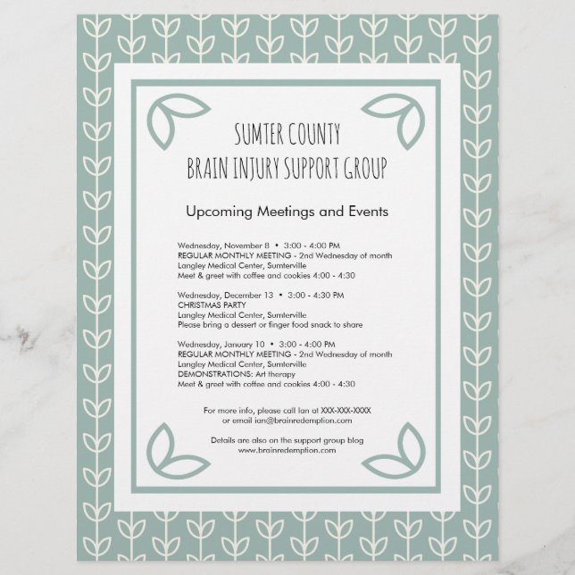 Nyhetsbrev för supportgrupp för Rustic Löv Reklamblad (Framsidan)