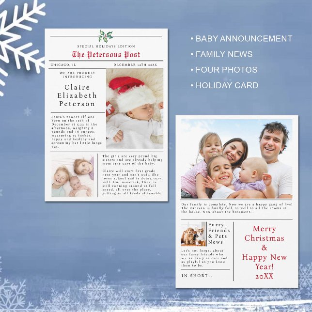 Nyhetsbrev - julkort Photo Baby-meddelande Inbjudningar (newspaper christmas card with photo baby announcement family post letter black white red fun funny)