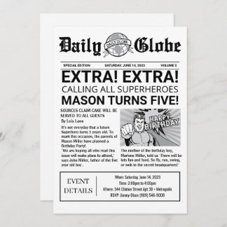 Nyhetsdagsinbjudan till superhjälte på födelsedage inbjudningar