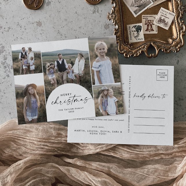 Nyhetsjul för Modern Boho Arch Multi Photo Family Helg Vykort (Skapare uppladdad)