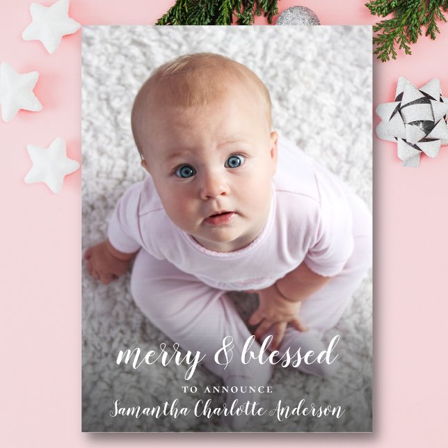 Nyhetsmeddelande om hektisk julfoto meddelande (Merry & Blessed Christmas Photo Birth Announcement)