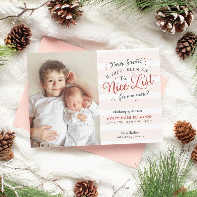 Nyhetsmeddelande om syster- eller broderjul julkort (room on the nice list new little sister christmas card)