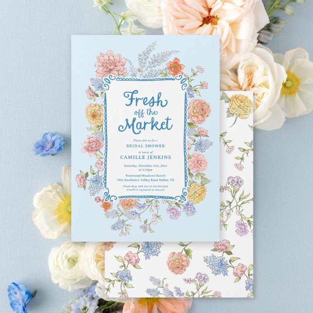 Nykomna från Marknadens Blå Bröllopsfest Inbjudan (Blue Floral Fresh off the market bridal shower invite)