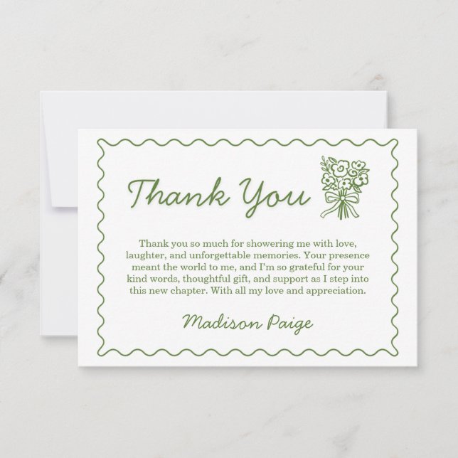 Nykomna och Pigga på Grönt Bröllopsdusch Tack Kort (Framsida)