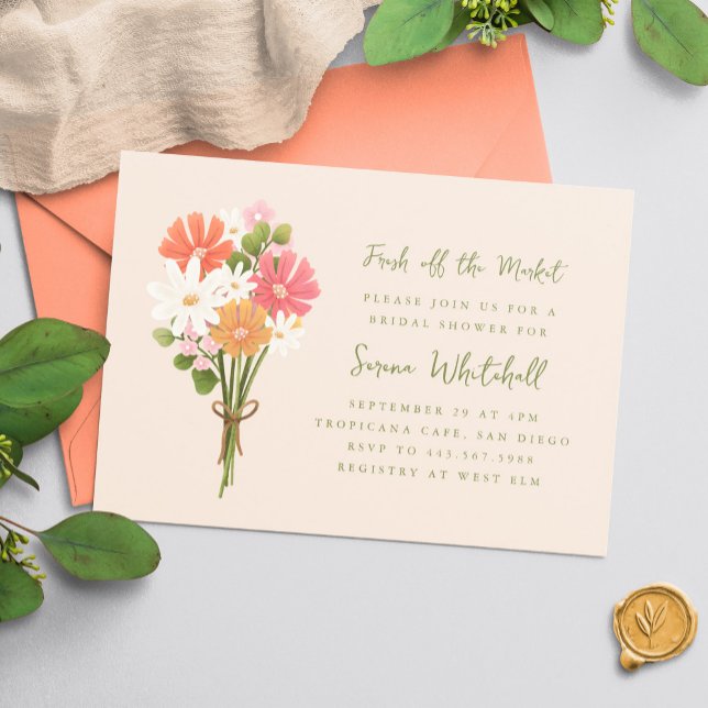 Nykomponerad Blomsterbukett Bröllopsfest Inbjudningar ("Fresh off the Market" bridal shower invitation with bouquet of flowers illustration)
