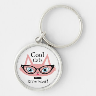 Nykter Keychain för kallt kattdrev rosa Retro katt Rund Silverfärgad Nyckelring