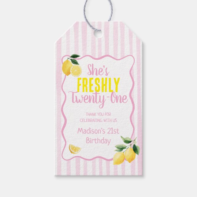 Nyligen 21 Födelsedagstema Lemon Rosa Ränder Presentetikett (Framsidan)