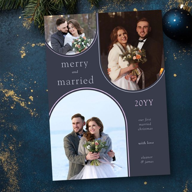 Nyligen 3 foto, enkelt och giftigt, modern julkort (Merry and Married Christmas Photo Card by Darling & May)