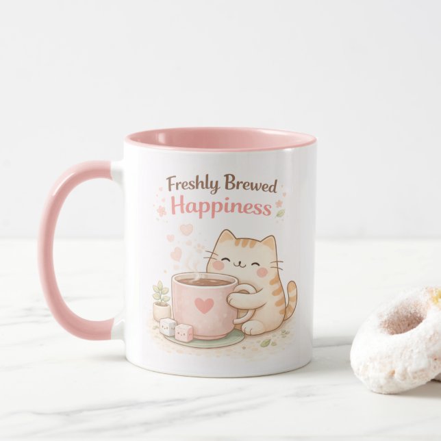 Nyligen bryggt Kawaii söt kattkaffekopp rosa Mugg (Med munk)