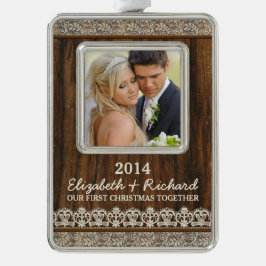 Nyligen första julfoto Rustic Wood Snöre Julgransprydnad