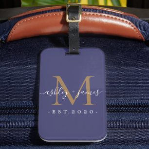Nyligen framträdde Guld Monogram Namn Year Navy Bl Bagagebricka