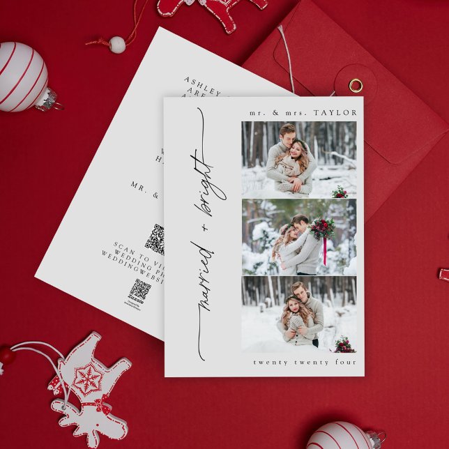Nyligen gift + Bright First jul QR-kod Julkort (Easily personalize this QR code holiday wedding announcement with your photos, website, and message)