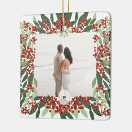 Nyligen gift, gift foto Monogram jul Ram Julgransprydnad Keramik