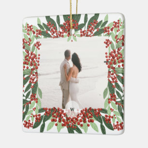 Nyligen gift, gift foto Monogram jul Ram Julgransprydnad Keramik