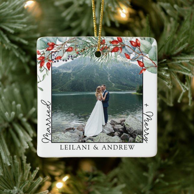 Nyligen julfoto och vattenfärg Holly Julgransprydnad Keramik (Träd)