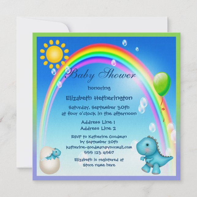 Nyligen kläckta pojkvän Dinosaur Rainbow Baby Show Inbjudningar (Framsida)