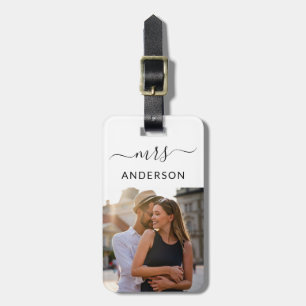 Nyligen läst Mrs med skript och foto för Honeymoon Bagagebricka