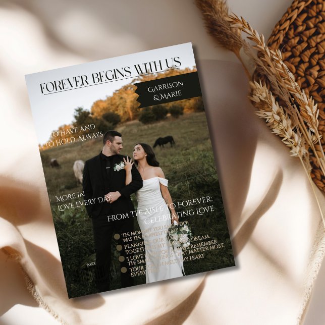 Nyligen lodrätt foto-magasinhölje för påbörjare (Newly Married Magazine Cover Forever Begins)
