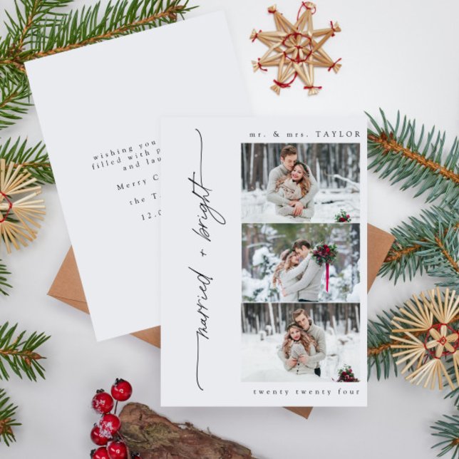 Nyligen präglat foto och ljus första julfoto julkort (Easily personalize this merry + bright holiday wedding announcement with your photos and details!)