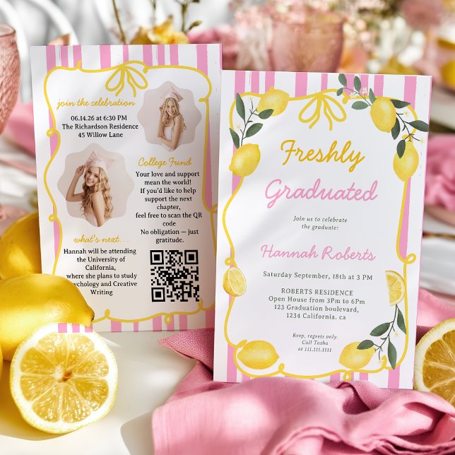 Nyligen Utexaminerad Rosa Citron Gul Båge Foto QR Inbjudningar (Freshly Graduated Pink Lemon Yellow Bow Photo QR Invitation)