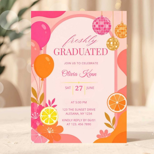 Nyligen Utexaminerad Rosa Orange Solnedgångs Exame Inbjudningar (graduation invitation, grad party invite, pink graduation, disco ball invite, editable graduation, s)