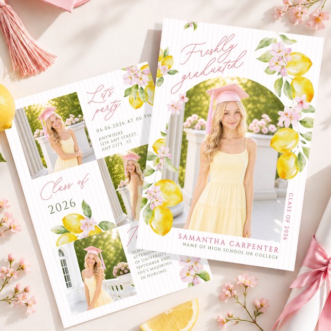 Nyligen utexaminerade citron rosa blommor examen inbjudningar (Skapare uppladdad)