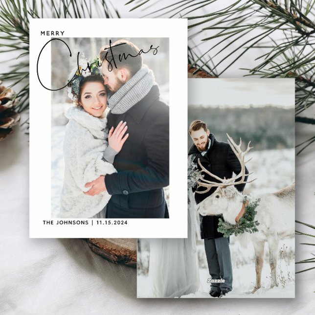 Nyligen vårdad första julklapp, 2 foto julkort (Easily personalize this simple holiday card with 2 of your wedding photos and your deets)